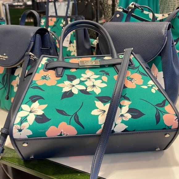 Kate Spade Lucia Lily Blooms Medium Satchel Green Multi - Picture 8 of 16